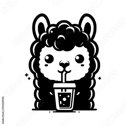 Cute black llama drinking boba tea illustration