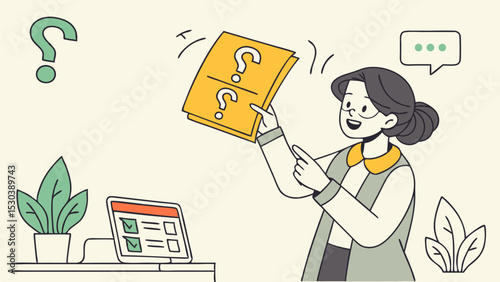 Woman holding question mark papers near a computer with checkmarks and plants in a bright room scene
