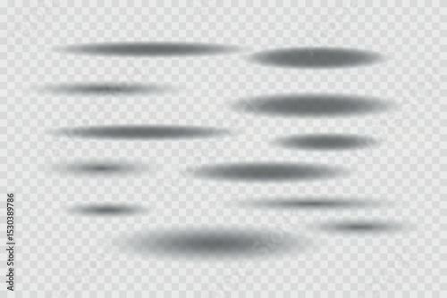 Different realistic round shadow, soft shapes on transparent background. Gray circular and ellipse shadows set. Vector illustration.