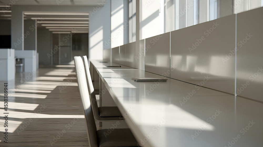 Obraz premium Clean, modern office space with long row of desks and chairs