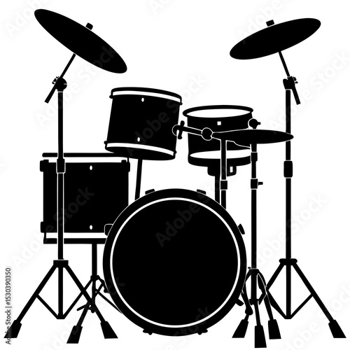 Black and white silhouette of a drum kit