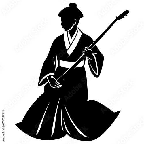 Silhouette of a shamisen player in traditional japanese attire