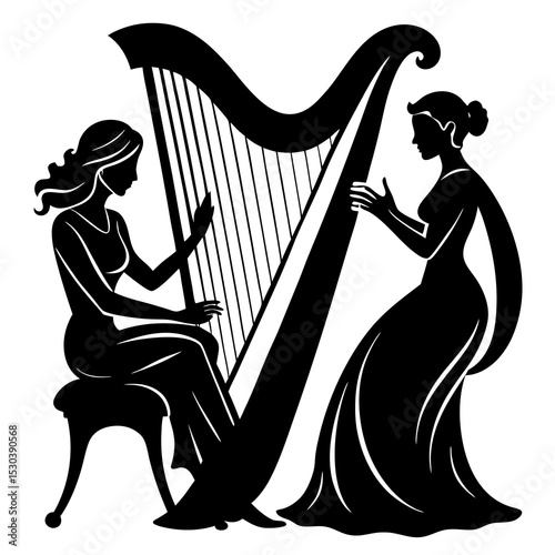 Elegant black and white harp silhouette with two women