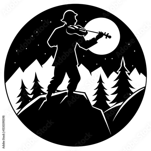 Silhouette of a fiddler on a mountaintop at night