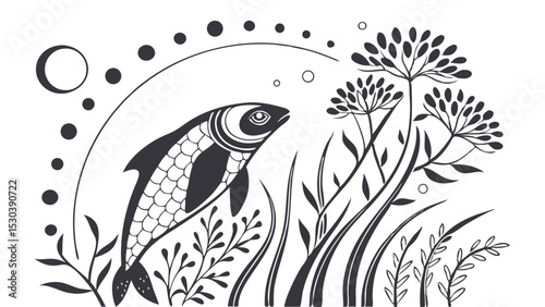Abstract Artistic Fish Illustration With Decorative Plants, Bubbles, And Circular Patterns In Black And White Style