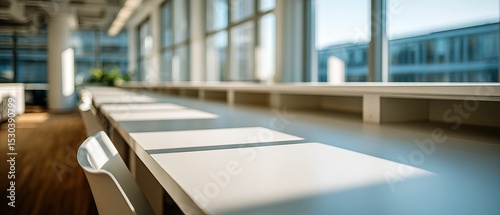 Sunny white office desk in front of large windows, light shadows