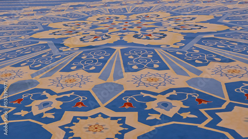 A mosque in the town of Shali in Chechnya. The mosque is decorated with colorful mosaics. Carpet on the floor of the mosque.