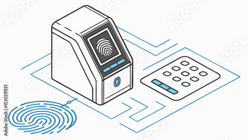 Isometric view of a fingerprint scanner with a keypad and a fingerprint graphic on a blue background