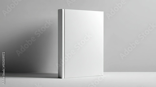 Blank white book mockup standing on a surface, with a light gray backdrop