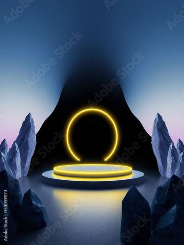 Abstract 3d render of a glowing neon circle platform and surrounding stone elements