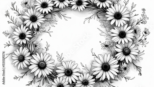 A black and white floral wreath with daisies and leaves surrounding a blank space in the center