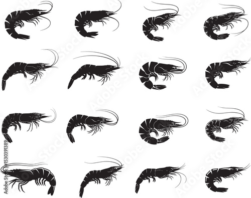 set of black silhouettes of Prawn Outline Clipart,
Shrimp Simple Seafood Illustration set