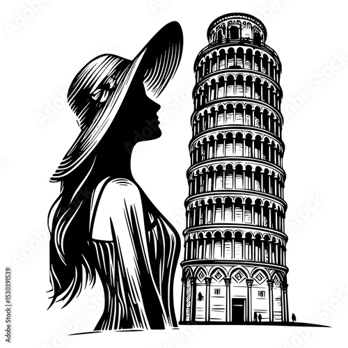 Elegant woman in hat admires the leaning tower of pisa