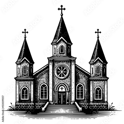 Engraving style church building illustration
