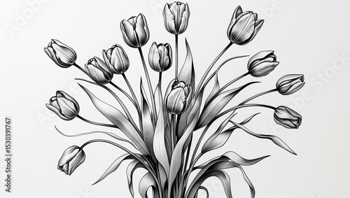 A detailed black and white drawing of a bouquet of tulips with long stems and leaves on white background