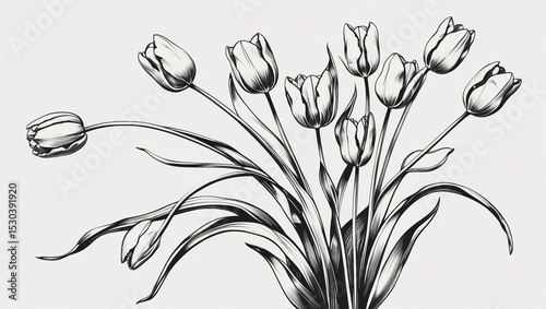 A black and white sketch of a bouquet of tulips with long stems and closed flower heads on a white background