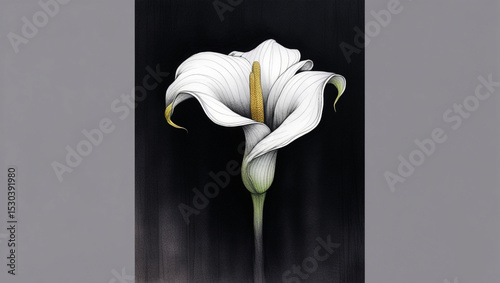A single white calla lily with a yellow stamen against a dark black background in a close up view