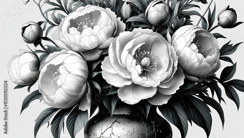Monochrome floral arrangement with peonies in a vase showcasing artistic expression and detail