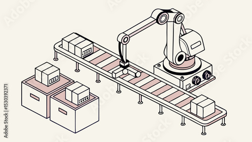 Isometric view of a robotic arm placing boxes on a conveyor belt in a factory setting with containers nearby