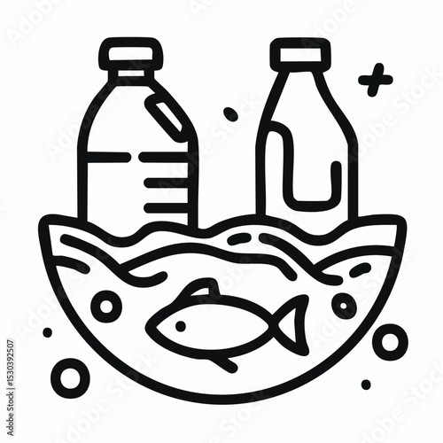 A Black and White Illustration of Fish Among Bottles in Water