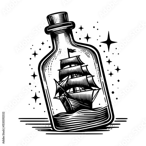 Vintage ship in a bottle nautical illustration