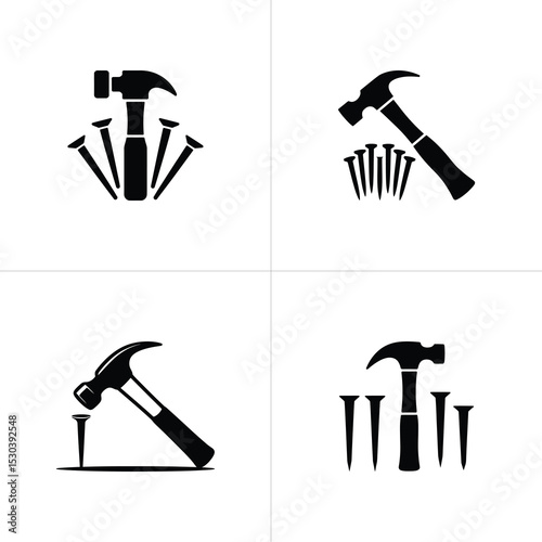 Hammer and Nails Icon Set Black Silhouette on White Background, Carpentry Tools Collection