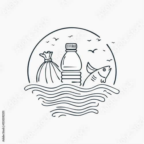 Environmental Action, Plastic Pollution Awareness, Ocean, Vector Illustration, Marine Life, Minimalist Design