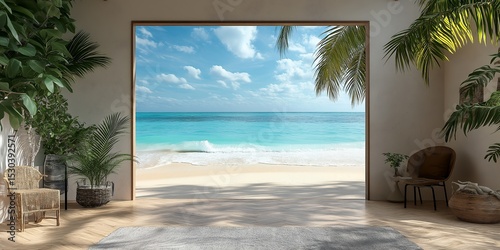Beach mockup sunny seaside vacation ocean sand waves summer holiday travel relaxation tropical paradise ai generated art