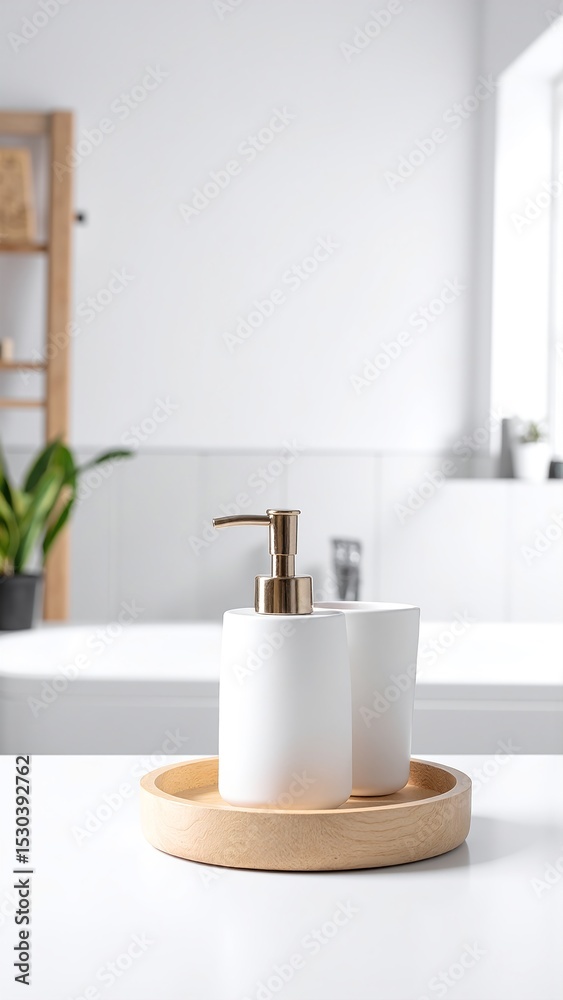 Fototapeta premium A pristine white bathroom sink featuring a sleek design, accompanied by an elegant soap dispenser, creating a clean and inviting atmosphere.