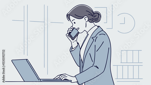 Woman in suit working on laptop while talking on phone in an office with clock and window design
