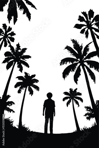 Man Silhouette in Tropical Palm Forest – Exotic Nature Landscape Vector Illustration
