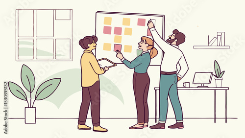 Three people collaborating on a project using sticky notes on a board in an office environment setting
