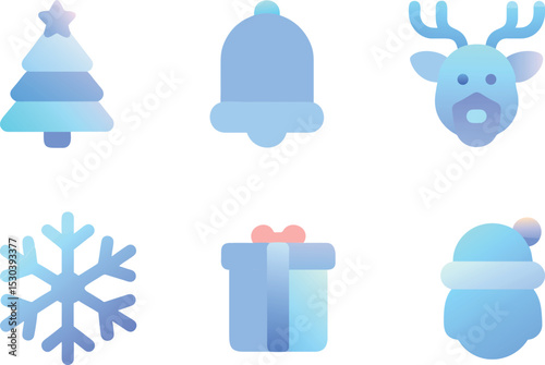 Christmas icons isolated on white background including tree bell reindeer and snowflake