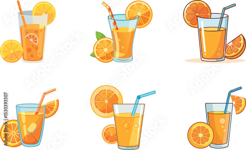 Glasses of fresh orange juice with straws isolated on white background