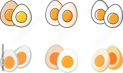 Several halved eggs with different shell colors isolated on white background