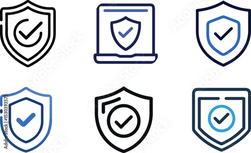 Six shield icons with check marks representing security and protection isolated on white background