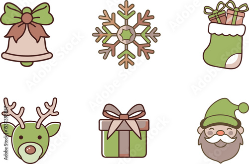 Collection of christmas themed cartoon icons isolated on white background