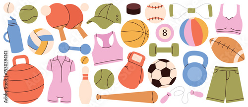 Minimal cartoon style sports equipment set. Includes various sport types such as football, basketball, tennis, swimming, cycling, and more. Clean and colorful illustrations with rounded shapes