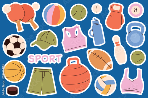 Sticker pack of minimal cartoon sports icons. Includes playful and clean illustrations of sports gear and equipment. Suitable for planners, kids notebooks, digital scrapbooking, and themed decorations