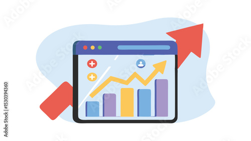 Illustration of a browser window displaying a bar graph with an upward trending arrow line
