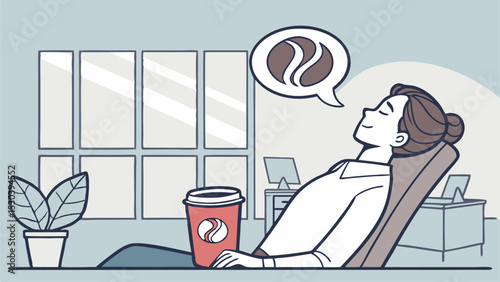 Woman relaxing in chair thinking of coffee with a coffee cup near her in an office setting near a window