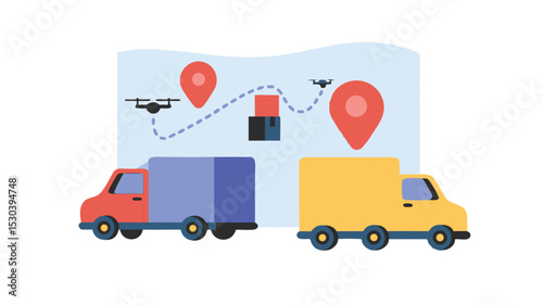 Delivery trucks with drone route on map showing package tracking and destination markers for efficient logistics