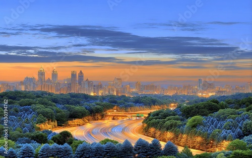 City skyline at sunrise over highway