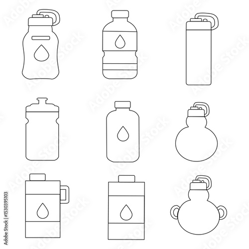 Drink bottle icon set in flat style, featuring water, soda, juice, and energy drink bottles. Ideal for UI, apps, infographics, and packaging. Clean, modern, and scalable vector design.