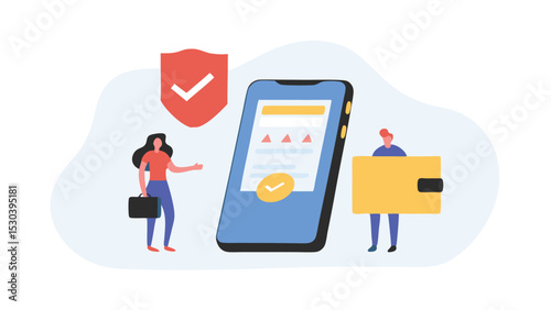 Illustration of mobile security with shield, wallet, and business people on a light background