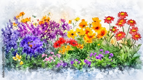 Vibrant watercolor painting of a summer flower garden
