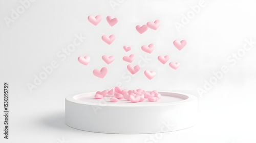Pink hearts falling onto white circular podium