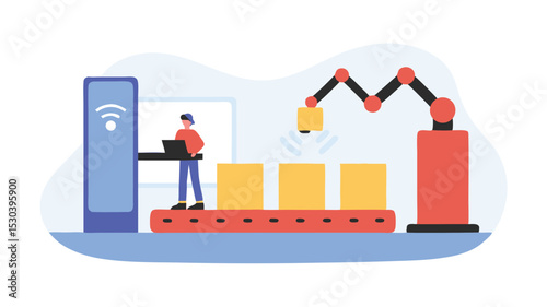Illustration of a factory scene with a conveyor belt, robotic arm, and a person using a laptop