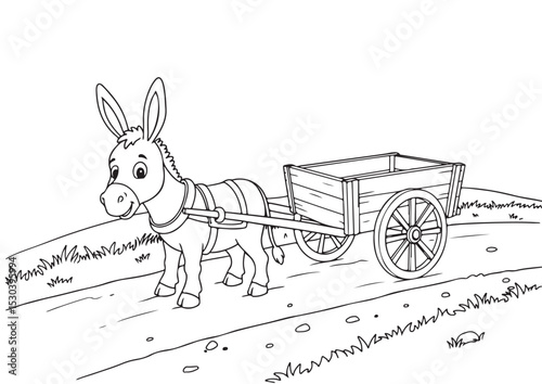 donkeys carrying goods on dirt roads cartoon outline line art for coloring page, vector illustration, isolated on transparent background