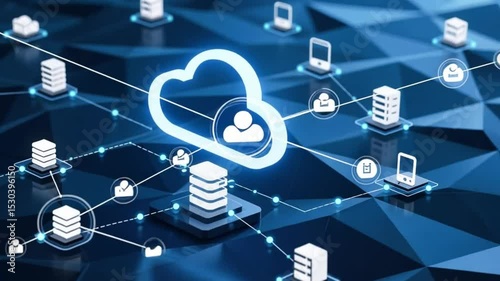 Cloud Computing Technology Concept with Central Cloud Icon and Database Transfer Visualization